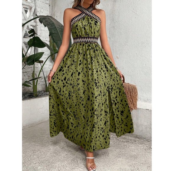 Allover Print Contrast Tape Split Thigh Maxi Dress Green - Picture 2 of 6